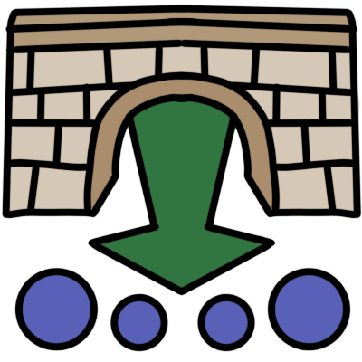 a stone arch with a green arrow pointing down from it to four blue circles underneath.
